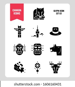 Canada icon set 3. Include Canada map, aboriginal, bear and more. Glyph icons Design. vector