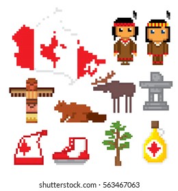 Canada icon set. Pixel art. Old school computer graphic style. Games elements.