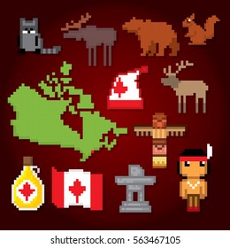 Canada icon set. Pixel art. Old school computer graphic style. Games elements.