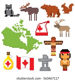 Canada icon set. Pixel art. Old school computer graphic style. Games elements.