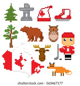 Canada icon set. Pixel art. Old school computer graphic style. Games elements.
