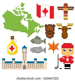 Canada icon set. Pixel art. Old school computer graphic style. Games elements.