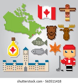 Canada icon set. Pixel art. Old school computer graphic style. Games elements.