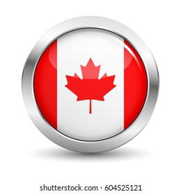 Canada icon silver glossy badge button with Canadian flag and shadow vector EPS 10 illustration on white background.