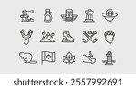 Canada icons. Set of 15 Canada trendy minimal icons. Example: Maple leaf, Syrup bottle, Hockey sticks, Beaver, Totem pole. Design signs for web page, mobile app, packaging design. Vector illustration