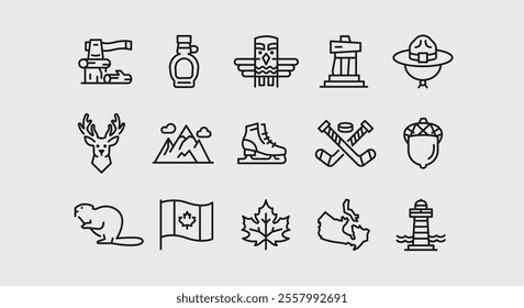 Canada icons. Set of 15 Canada trendy minimal icons. Example: Maple leaf, Syrup bottle, Hockey sticks, Beaver, Totem pole. Design signs for web page, mobile app, packaging design. Vector illustration