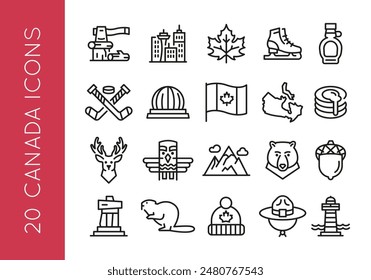 In: Canada Icons. Set von 20 Kanada trendige minimale Icons. Beispiel: Ahornblatt, Sirupflasche, Hockeyschläger, Biber, Totempfahl. Designschilder für Web-Seite, mobile App, Verpackungsdesign. Vektorillustration