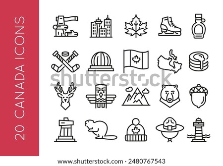 Canada icons. Set of 20 Canada trendy minimal icons. Example: Maple leaf, Syrup bottle, Hockey sticks, Beaver, Totem pole. Design signs for web page, mobile app, packaging design. Vector illustration