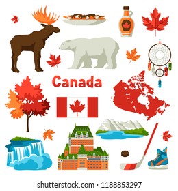 Canada icons set. Canadian traditional symbols and attractions.