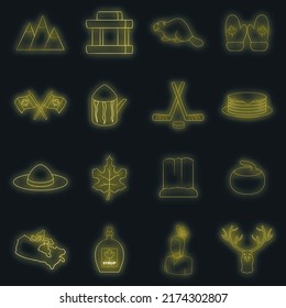 Canada icons set. Illustration of 16 Canada travel items vector icons neon color on black