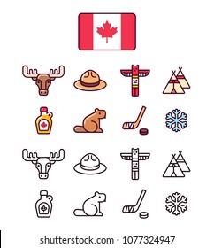 Canada icons set. Traditional Canadian signs and symbols. 2 styles, colored cartoon line icons and black outlines.