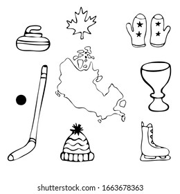 Canada icons set. Traditional Canadian signs and symbols. Black outlines, cartoon line icons 