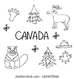 Canada icons set. Traditional Canadian signs and symbols. Black outlines, cartoon line icons 
