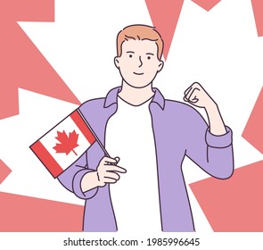 Canada independence day celebration concept. Young excited happy man holds a Canada flag celebrate Canada Day. Flat vector illustration