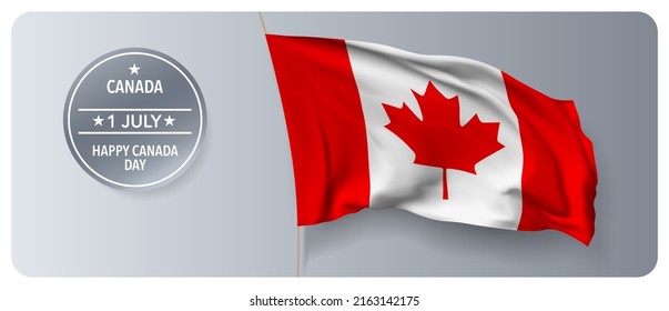 Banner vectorial del día de la independencia de Canadá, tarjeta de saludo. Bandera ondulada canadiense en el diseño horizontal del feriado patriótico nacional del 1 de julio