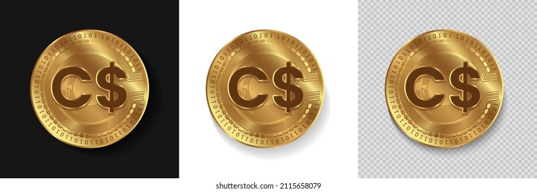 Canada International Currency symbol Canadian Dollar on gold coin vector illustration isolated on white, dark and transparent background. Can be used as icon, sticker, badge, label and emblem design.