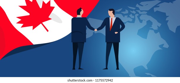 Canada international partnership. Diplomacy negotiation. Business relationship agreement handshake. Country flag and map. Corporate Global business investment. Vector