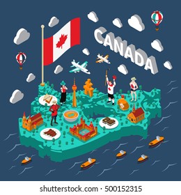Canada isometric map with touristic sights and transport on blue background vector illustration 