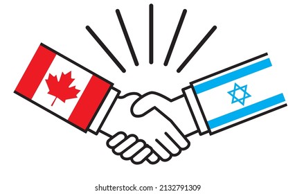 Canadá e Israel, manos con banderas estrechan la mano. Ilustraciones de guerras, conflictos, alianzas, reconciliaciones, acuerdos entre naciones, íconos.