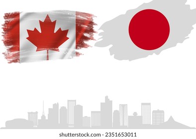Canada and Japan Vector Flag with the background of Buildings. Vector Illustration