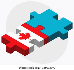 Canada and Kazakhstan Flags in puzzle isolated on white background