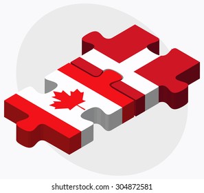 Canada and Kingdom of Denmark Flags in puzzle isolated on white background
