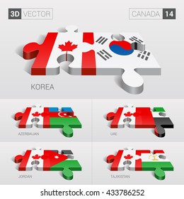 Canada and Korea, Azerbaijan, UAE, Jordan, Tajikistan Flag. 3d vector puzzle. Set 14.