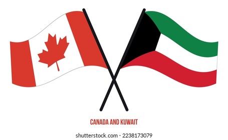 Kanada und Kuwait Flaggen überquert und schwingen Flat Style. Offizieller Anteil. Korrigieren Sie Farben.