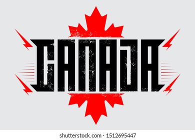 Canada. Label or t-shirt print. Original lettering with grunge effect and red maple leaf. Vector.