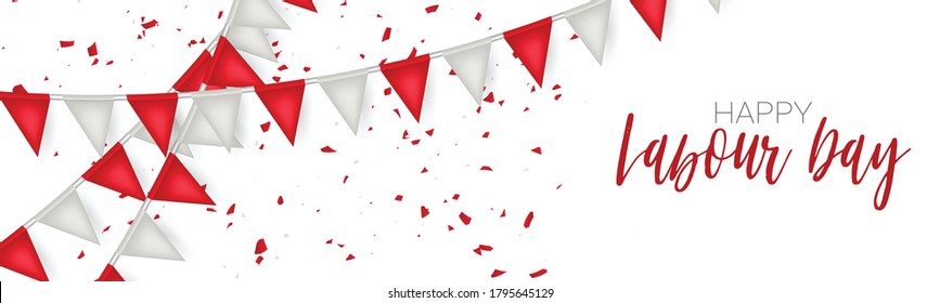 Canada Labour Day banner or header. Canadian red and white bunting flag background. National workers holiday concept. Vector illustration.