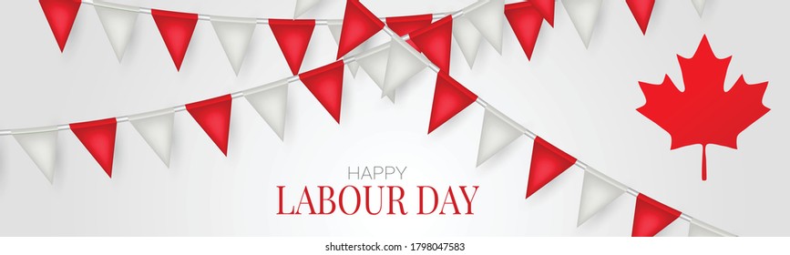 Canada Labour Day banner or header. Canadian red and white bunting flag background. National workers holiday concept. Vector illustration.