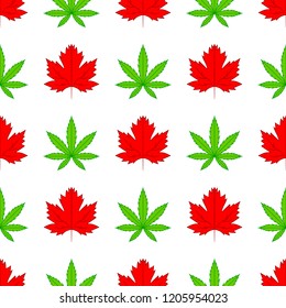 Canada Legalize Seamless Pattern. Marijuana in Canada Seamlrss Pattern. Marijuana is legal across Canada. White background isolated. Stock Vector Illustration. Cartoon style. 
