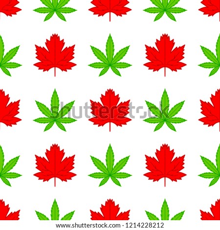 Canada Legalize Seamless Pattern. Marijuana in Canada Seamlrss Pattern. Marijuana is legal across Canada. White background isolated. Stock Vector Illustration. Cartoon style.