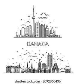 Canada, Line Art Vector Illustration With All Famous Buildings