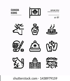 Canada line icon set 1. Include Canada flag, Maple syrup, niagara fall, hockey, animal and more. Outline icons Design. vector