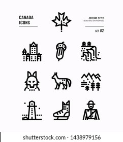 Canada line icon set 2. Include Canada landmark, Maple leaf, landscape, red fox and more. Outline icons Design. vector