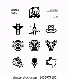 Canada line icon set 3. Include Canada map, aboriginal, bear and more. Outline icons Design. vector