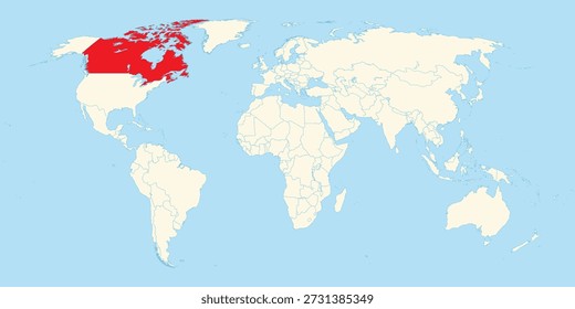 canada location highlighted in red on world map for education business and global geography research applications