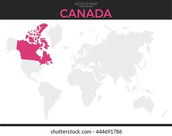 Canada location modern detailed vector map. All world countries without names. Vector template of beautiful flat grayscale map design with selected country and border location