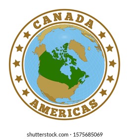 Canada logo. Round badge of country with map of Canada in world context. Country sticker stamp with globe map and round text. Vector illustration.