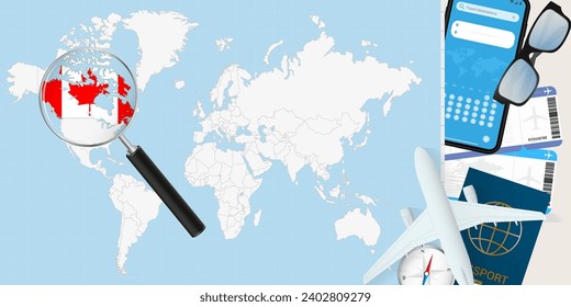 Canada is magnified over a World Map, illustration with airplane, passport, boarding pass, compass and eyeglasses. Vector illustration.