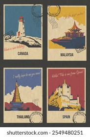 Canadá, Malásia, Tailândia, Espanha Atrações Postal Set, Farol, Pagoda, Templo, Castelo Popular Lugar Ilustrações, Vetor Templates Retro Estilo Cartas de Saudação. Textura de papel antigo