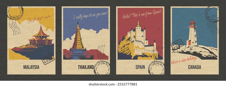 Canadá, Malásia, Tailândia, Espanha Atrações Postal Set, Farol, Pagoda, Templo, Castelo Popular Lugar Ilustrações, Vetor Templates Retro Estilo Cartas de Saudação. Textura de papel antigo