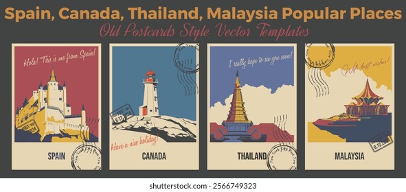 Canada, Malaysia, Thailand, Spain Attractions Postcard Set, Lighthouse, Pagoda, Temple, Castle Popular Place Illustrations, Vector Templates Retro Style Greeting Cards. Postal Imprint