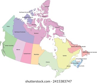 Canada map with 13 provinces and territories with different colors