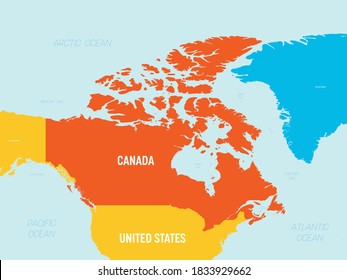 Canada map - 4 bright color scheme. High detailed political map Canada and neighboring countries with country, ocean and sea names labeling.