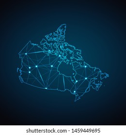 Canada Map - Abstract geometric mesh polygonal network line, structure and point scales on dark background with lights in the form of cities. Vector illustration eps 10.