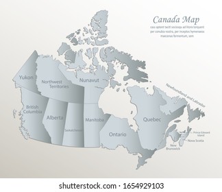 Canada map, administrative division with names, white blue card paper 3D vector