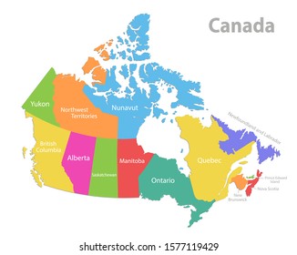 Canada map, administrative division, separate individual states with state names, color map isolated on white background vector