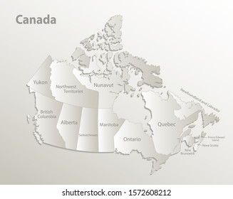 Canada map administrative division, separates regions and names individual region, card paper 3D natural vector